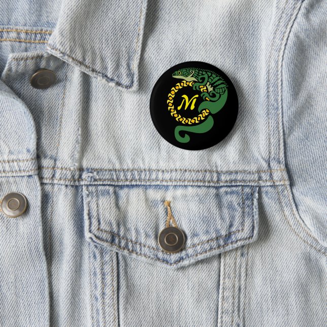 Tribal Alligator Lizard Hugging a Sun Monogram Button (In Situ)