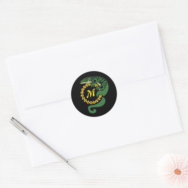 Tribal Alligator Lizard Hugging a Sun Monogram Classic Round Sticker (Envelope)