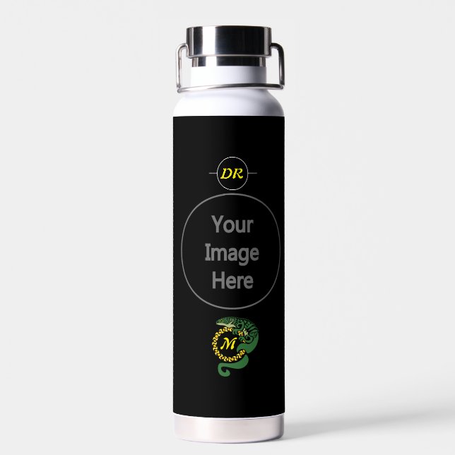 Tribal Alligator Lizard Hugging a Sun Monogram Water Bottle (Back)