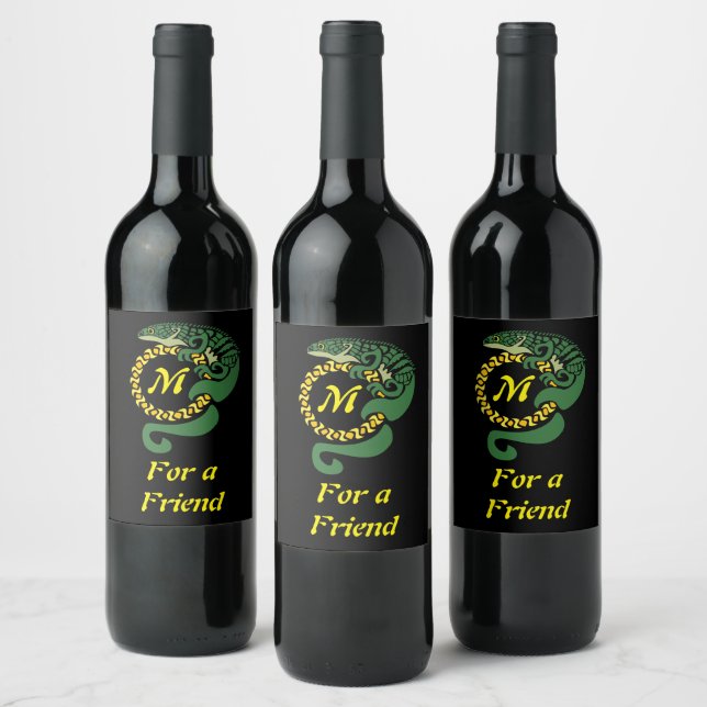 Tribal Alligator Lizard Hugging a Sun Monogram Wine Label (Bottles)