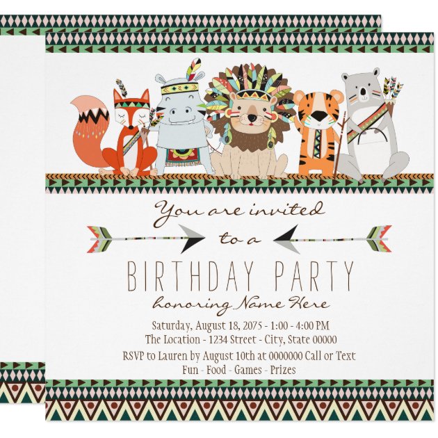 Tribal Animal Kids Indian Birthday Party Invitation
