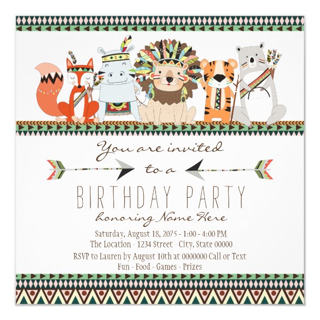 Tribal Animal Kids Indian Birthday Party Invitation