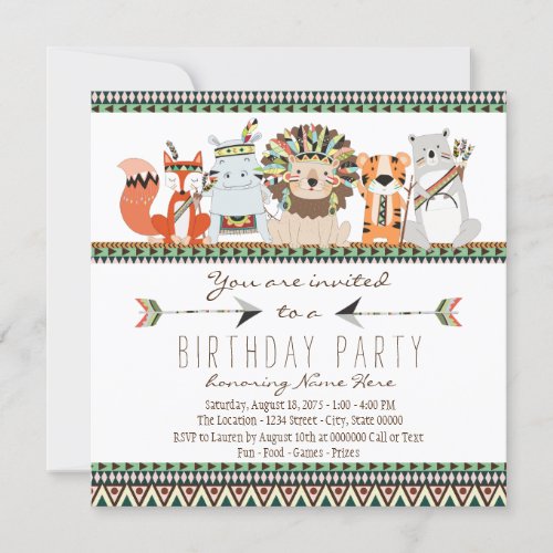 Tribal Animal Kids Indian Birthday Party Invitation