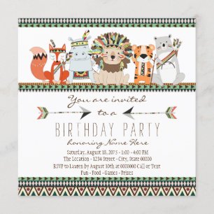 Tribal Animal Kids Indian Birthday Party Invitation