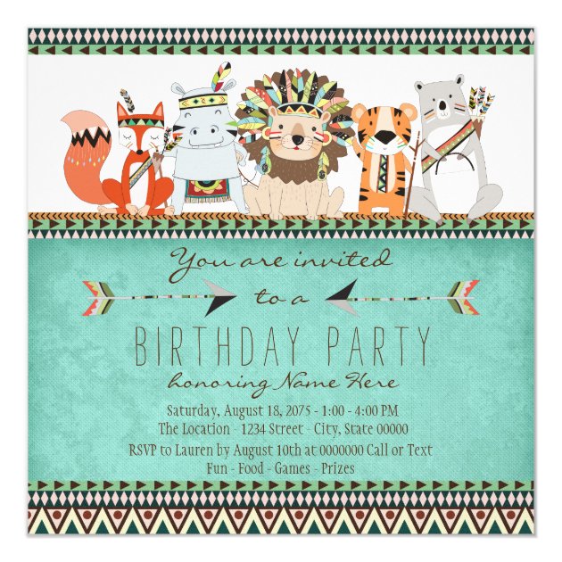 Tribal Animal Kids Native American Birthday Party Invitation