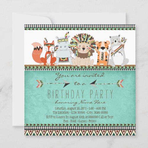 Tribal Animal Kids Native American Birthday Party Invitation