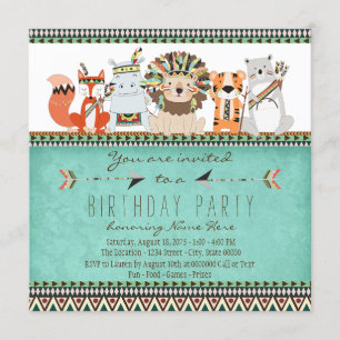 Tribal Animal Kids Native American Birthday Party Invitation
