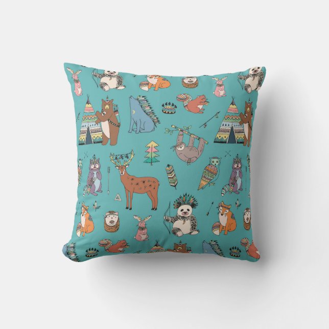 Tribal animals: woodland forest pattern. throw pillow (Front)