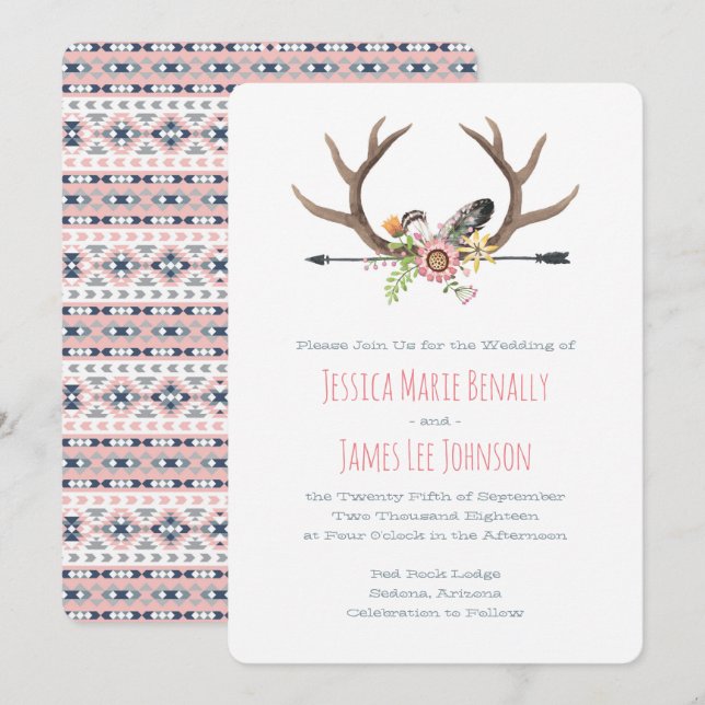 Tribal Arrow and Antlers Pink Invitation (Front/Back)