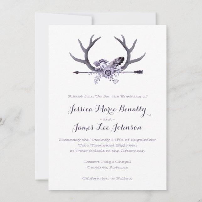 Tribal Arrow and Antlers Purple Invitation (Front)