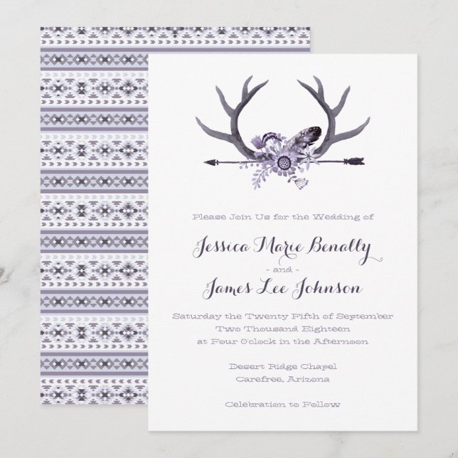 Tribal Arrow and Antlers Purple Invitation (Front/Back)