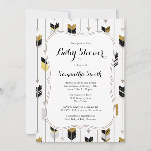 Tribal Arrows Baby Shower Black Gold Gray Invitation (Front)