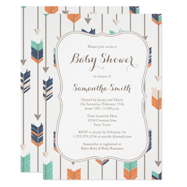 Tribal Arrows Baby Shower Navy Orange Teal Invitation