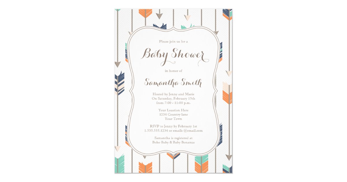 tribal arrows baby shower navy orange teal invitation