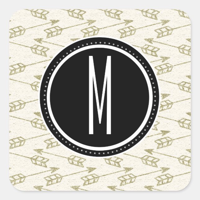Tribal Arrows | Black Monogram Square Sticker (Front)