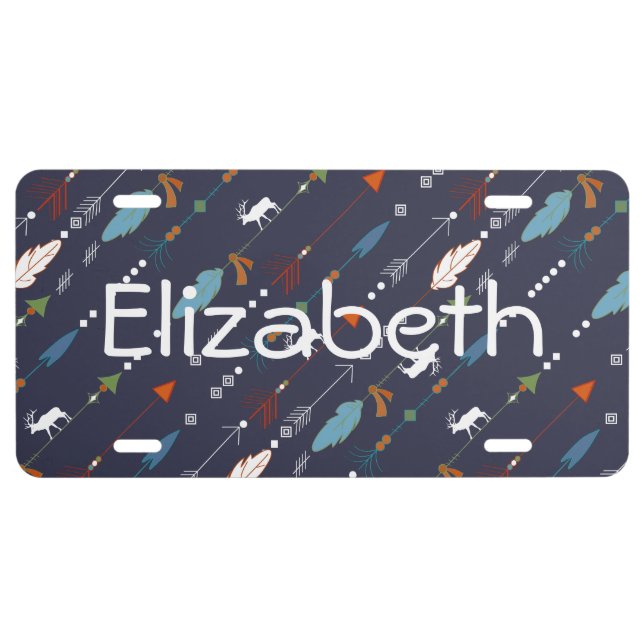 Tribal Arrows Feathers Moose Pattern Personalized License Plate (Front)