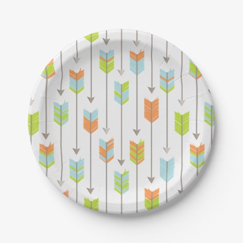 Tribal Arrows Pattern Blue Orange Green Grey Paper Plates