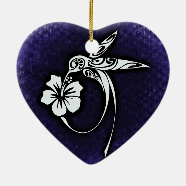 Tribal Art Bird Motif on Blue Ceramic Ornament (Back)