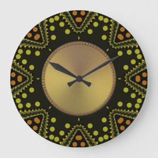 Tribal Art Dots Green Gold Wall Clock
