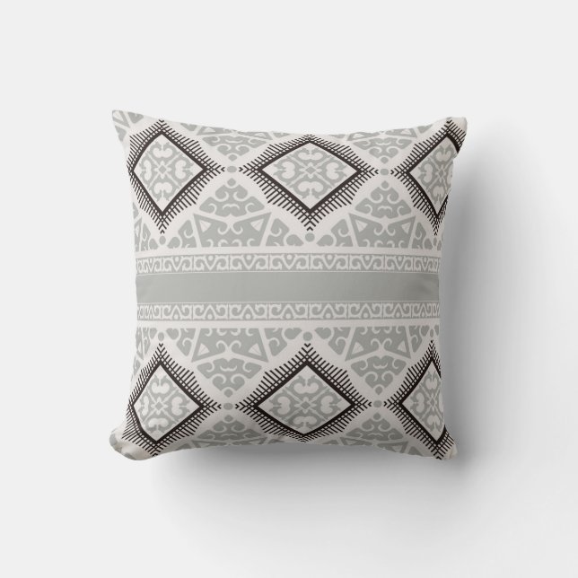 Tribal Art Pillow in Gray and Black (Front)