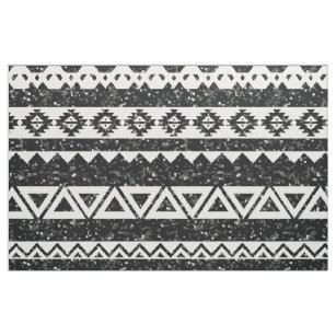 Tribal Aztec Black Glitter White Geometric Shapes Fabric