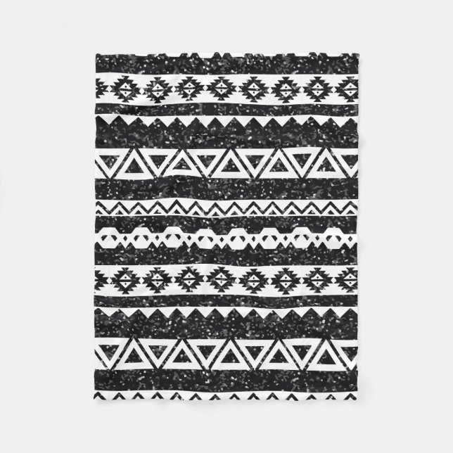 Tribal Aztec Black Glitter White Geometric Shapes Fleece Blanket (Front)