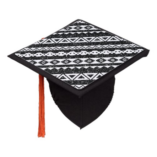 Tribal Aztec Black Glitter White Geometric Shapes Graduation Cap Topper