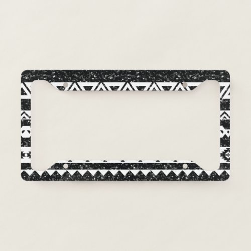 Tribal Aztec Black Glitter White Geometric Shapes License Plate Frame