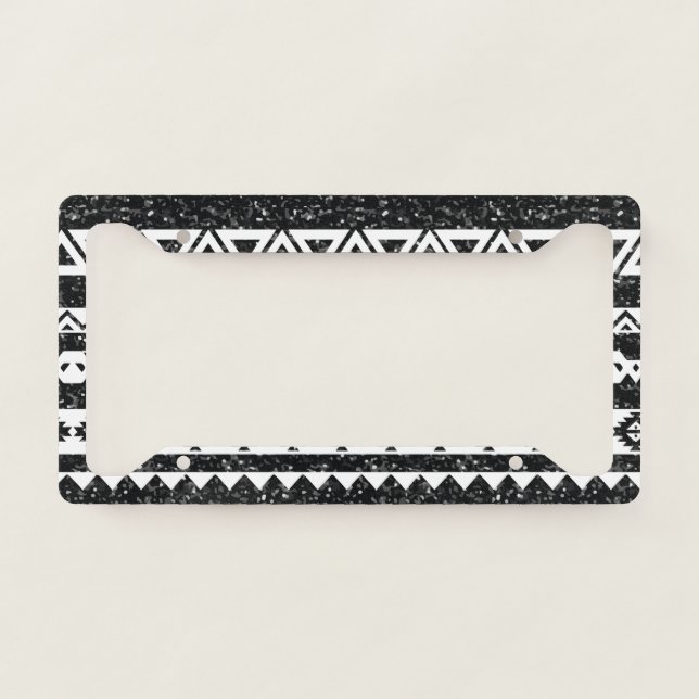 Tribal Aztec Black Glitter White Geometric Shapes License Plate Frame (Front)