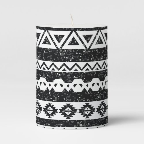 Tribal Aztec Black Glitter White Geometric Shapes Pillar Candle