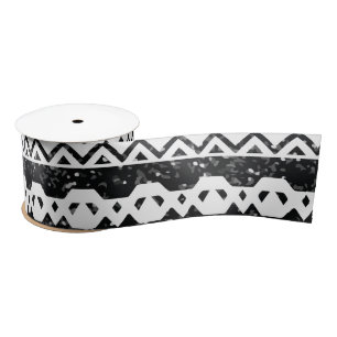 Tribal Aztec Black Glitter White Geometric Shapes Satin Ribbon