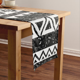 Tribal Aztec Black Glitter White Geometric Shapes Short Table Runner