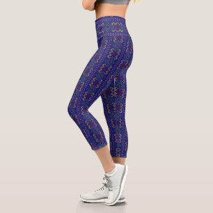 Tribal Aztec Knitting Pattern Blue Red Yellow Capri Leggings