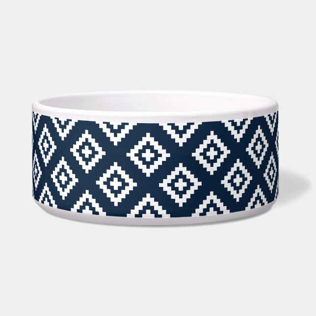 Tribal, Aztec, Navy Blue and White Dog Bowl (Front)