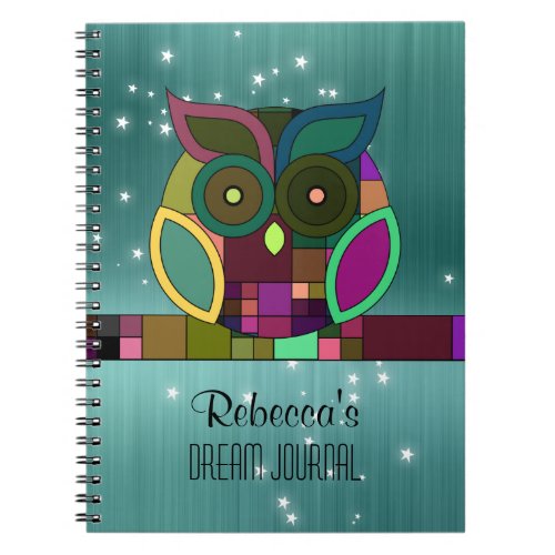 Tribal Aztec Owl on Teal Faux Brushed Metal Notebook