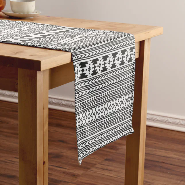 Tribal Aztec Pattern Black And White Short Table Runner | Zazzle