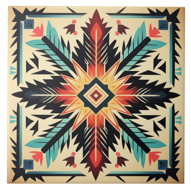 Tribal Aztec pattern geometric abstract colorful Ceramic Tile (Front)