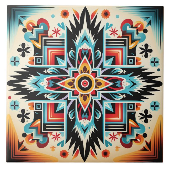 Tribal Aztec pattern geometric abstract colorful Ceramic Tile (Front)