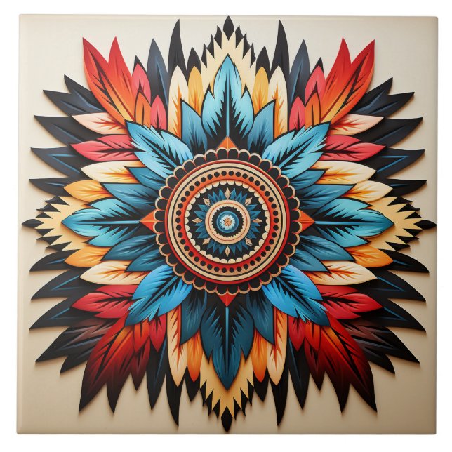 Tribal Aztec pattern geometric abstract colorful Ceramic Tile (Front)