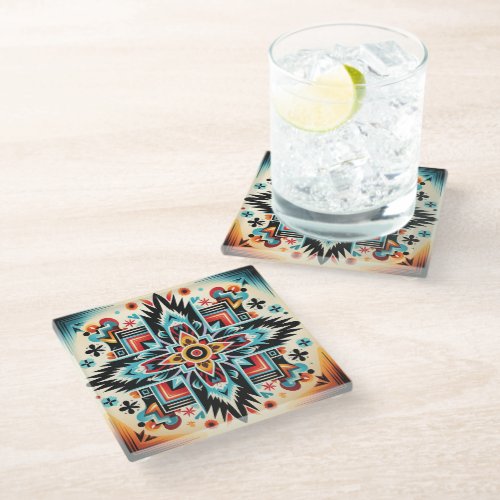 Tribal Aztec pattern geometric abstract colorful Glass Coaster
