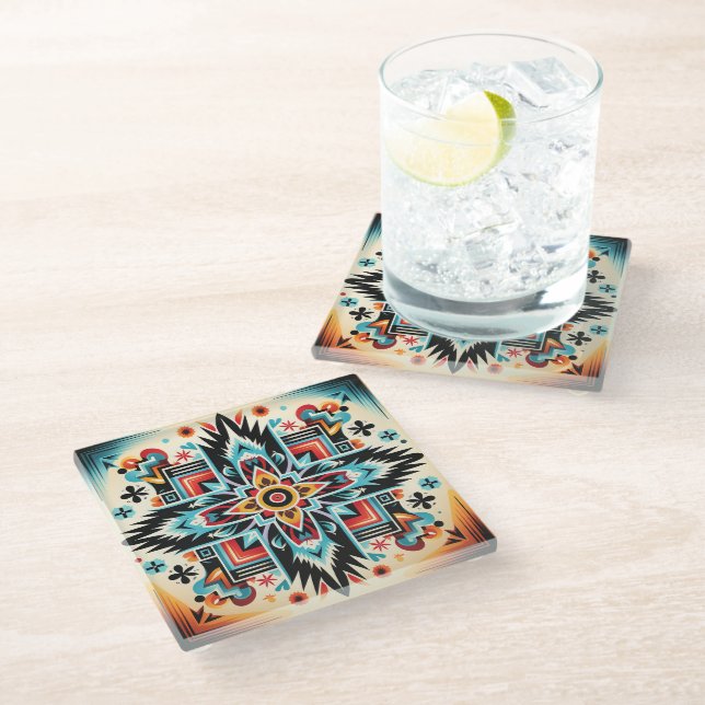 Tribal Aztec pattern geometric abstract colorful Glass Coaster (Angled)