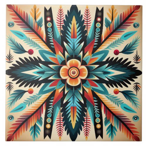 Tribal Aztec pattern geometric abstract orange  Ceramic Tile