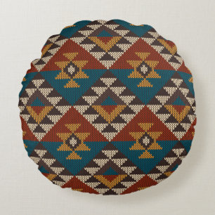 Tribal Aztec Wool Knitted Texture. Round Pillow