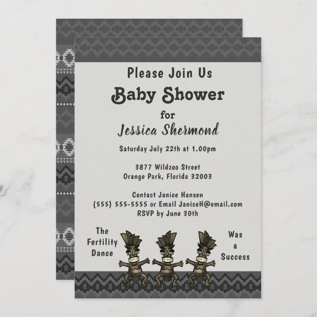 Tribal Baby Shower Gray Abstract Fertility Dance Invitation (Front/Back)