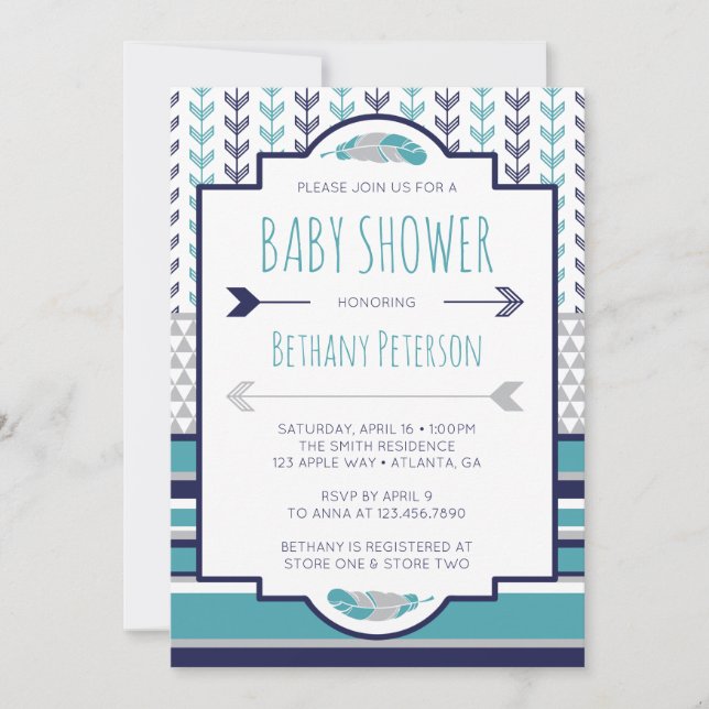 Tribal Baby Shower Invitation, Aztec, Arrows, BOHO Invitation (Front)