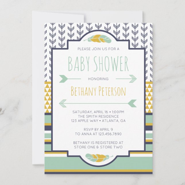 Tribal Baby Shower Invitation, Aztec, Arrows, BOHO Invitation (Front)