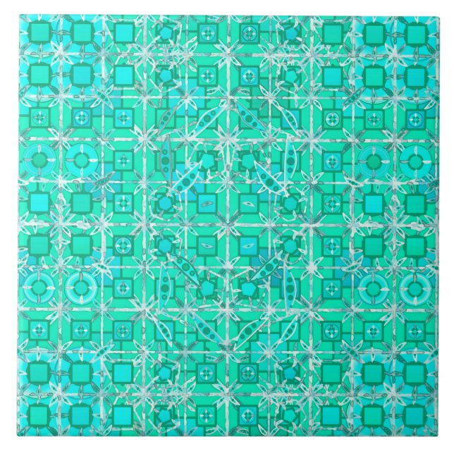 Tribal Batik - aqua and turquoise with white Ceramic Tile (Front)