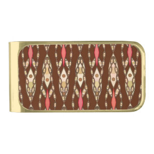 Tribal Batik - Brown, Tan and Coral Gold Finish Money Clip