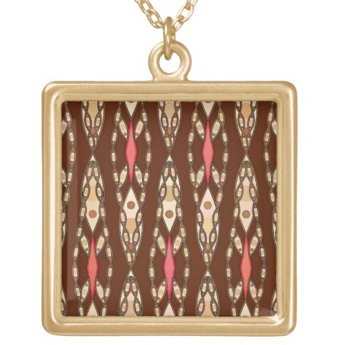 Tribal Batik _ Brown Tan and Coral Gold Plated Necklace