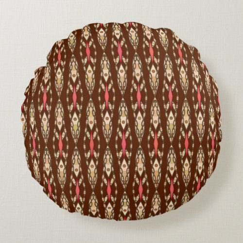 Tribal Batik _ Brown Tan and Coral Round Pillow